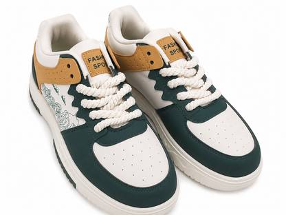 Zapatos Deportivos Casual Color Verde, Blanco y Camel Talla 42.