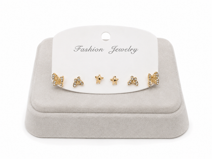 Set de Aretes con Diseño de Mariposa y Estrella Color Dorado.