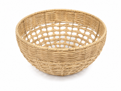 Cesta redonda de mimbre tejida para almacenamiento y decoración del hogar.