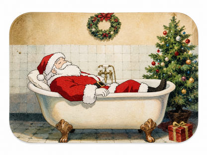 Alfombra Navideña Rectangular con Diseño de Santa Claus en Bañera y Árbol de Navidad.