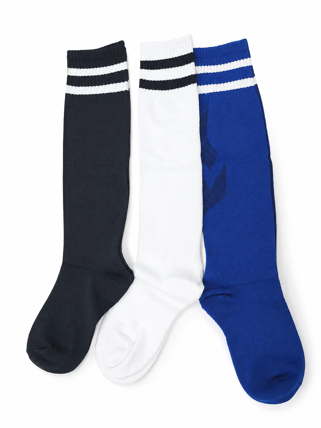Medias Deportivas Largas Modelo Rayas Color Negro Blanco y Azul.