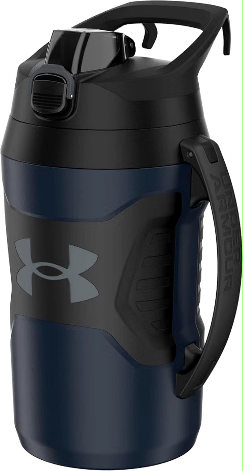 Botella deportiva de gran capacidad azul y negra con asa y tapa abatible.