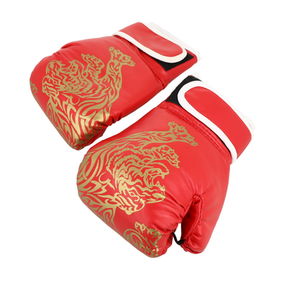 Guantes de boxeo rojos de taekwondo para niños, con un diseño de tigre dorado