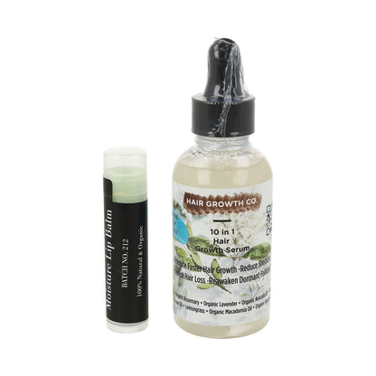 Producto de cuidado capilar 10 in 1 Hair Growth Serum + Balsamo labial humectante