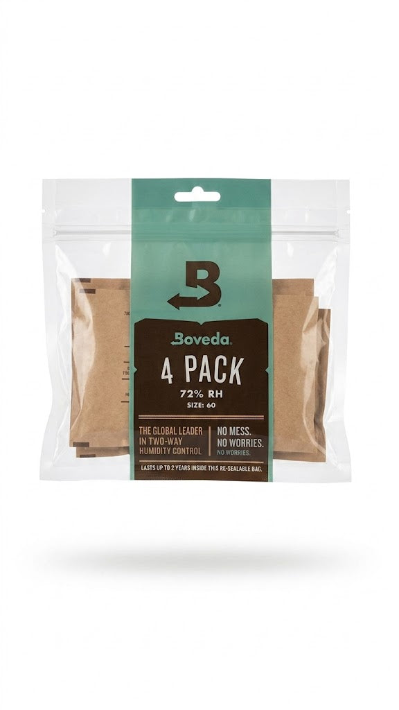 Pack de 4 unidades de sobres de control de humedad de 2 vías Tamaño 60 en una bolsa resellable.