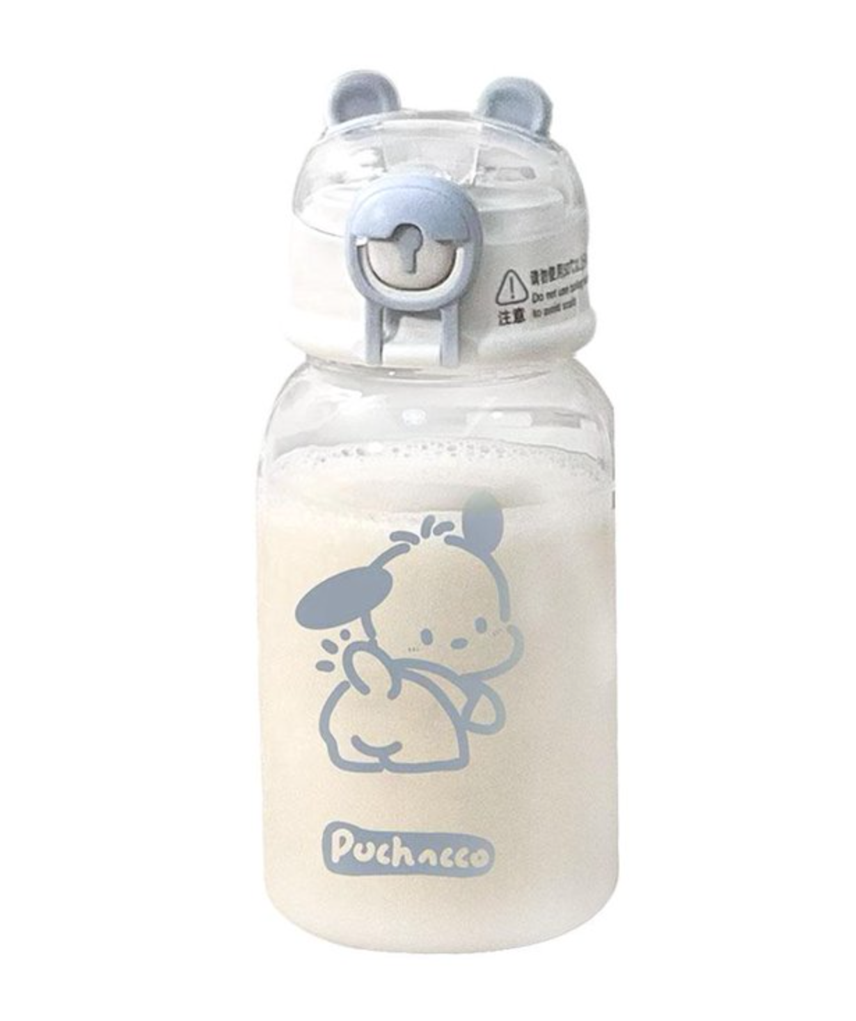 Botella transparente con el personaje Pochacco y detalles en azul claro
