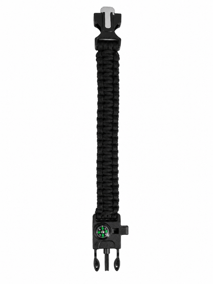 Pulsera de supervivencia de paracord color negro con brújula, silbato y pedernal multifunción.