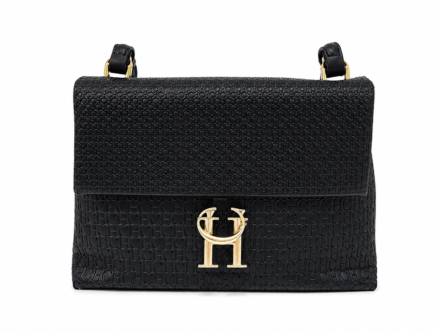 Bolso de Mano Elegante Color Negro con Textura Grabada, Cierre de Solapa y Herrajes Dorados.