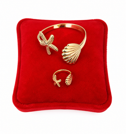 Set de Pulsera y Anillo Dorados con Diseño de Estrella de Mar y Concha – Joyería Elegante Estilo Playa para Mujer.