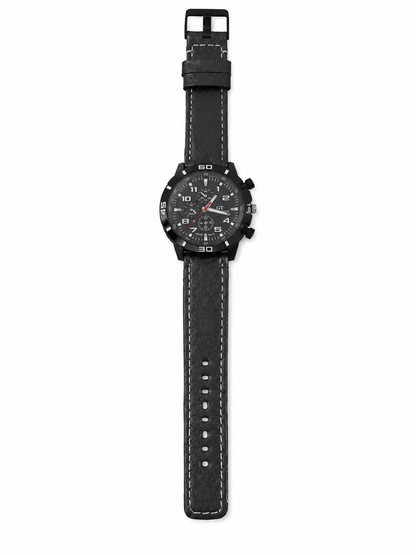 Reloj analógico deportivo para hombre con correa negra de cuero sintético y diseño cronógrafo.