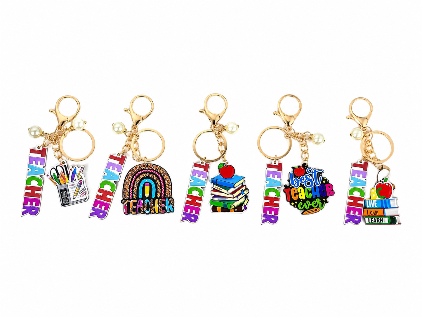 Set de llaveros para maestro con diseños de libros, arcoíris, útiles escolares y frases decorativas, paquete de 5 piezas.