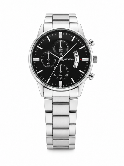 Reloj Analógico Plateado con Esfera Negra, Calendario y Pulsera Metálica.