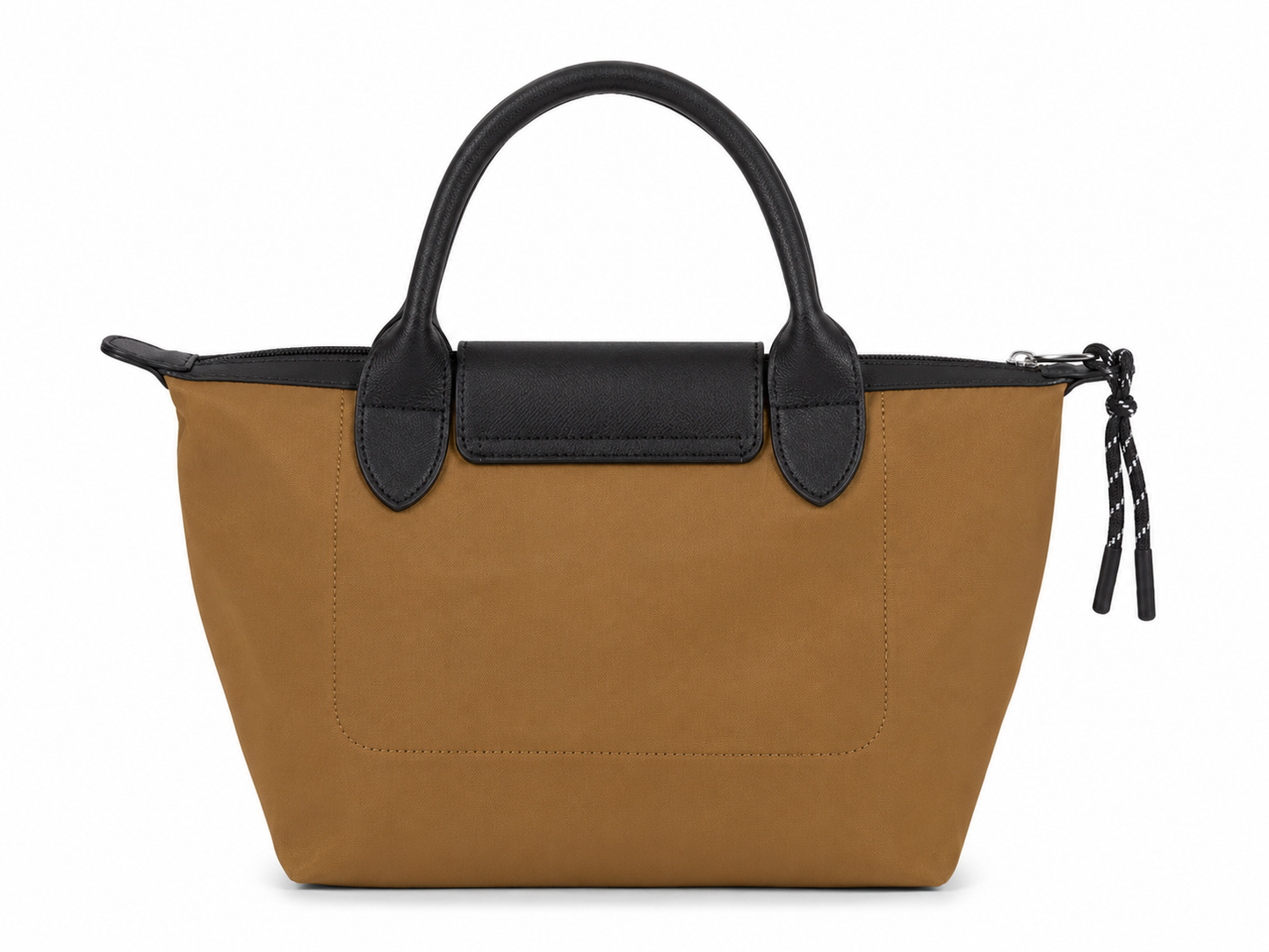 Bolso de Mano Color Camel con Asas Negras, Cierre Superior y Diseño Casual Elegante.