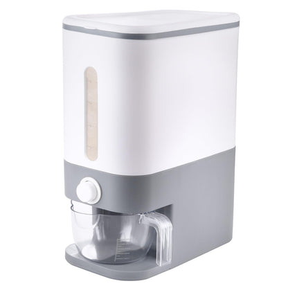 Dispensador de arroz con depósito de almacenamiento y recipiente medidor integrado.