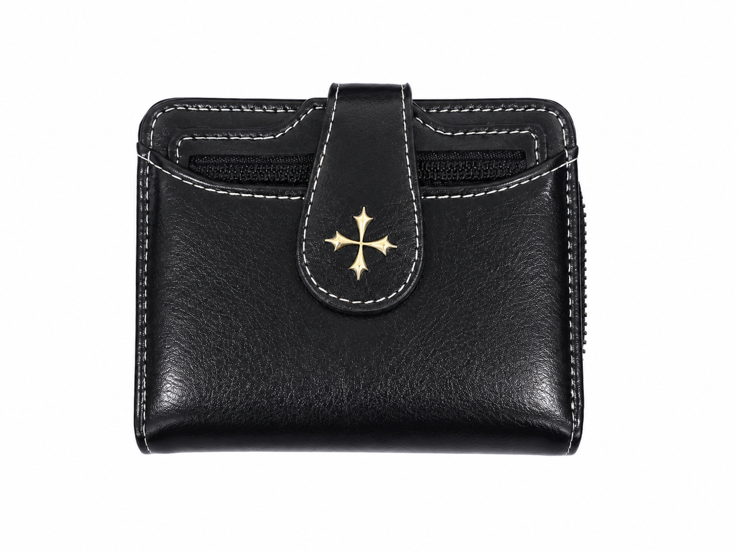 Billetera compacta negra con cierre, broche y compartimentos para tarjetas.