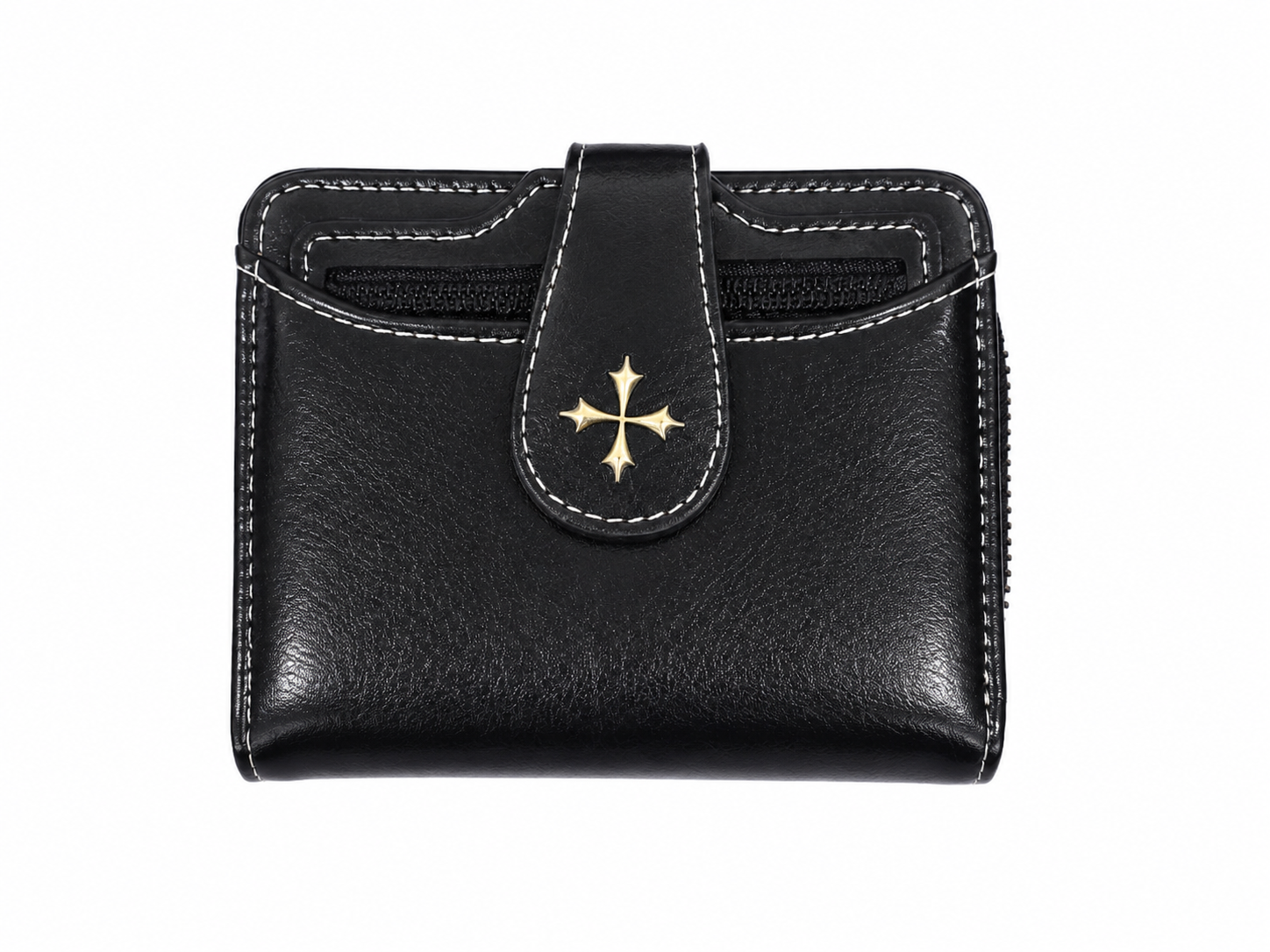 Billetera compacta negra con cierre, broche y compartimentos para tarjetas.