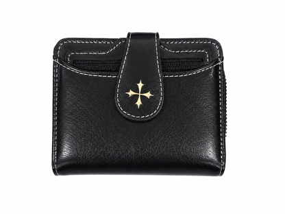 Billetera compacta negra con cierre, broche y compartimentos para tarjetas.