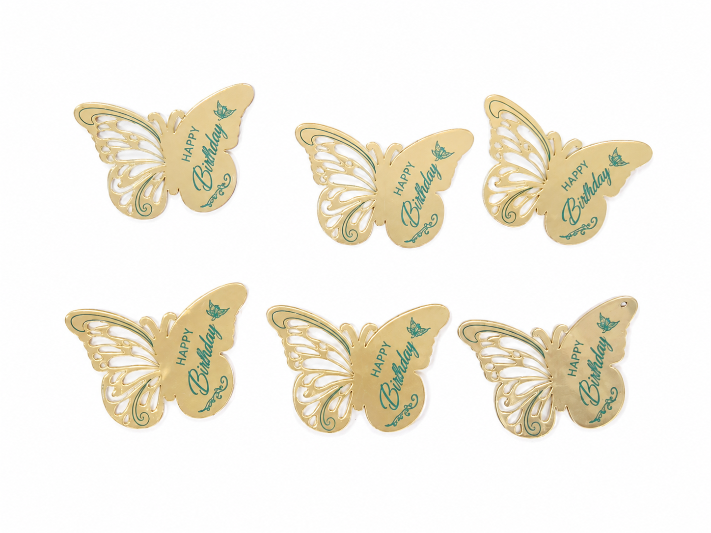 Set de 6 Decoraciones de Mariposa Happy Birthday en Acabado Dorado para Pasteles y Postres.