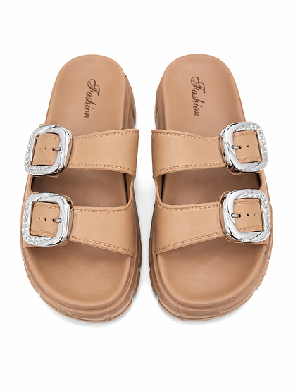 Sandalias casuales de doble hebilla color beige con suela de plataforma, talla 39.