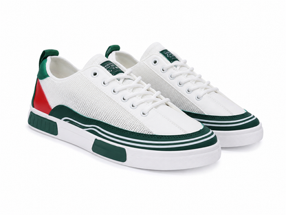 Zapatos deportivos casuales de malla transpirable para hombre, color blanco con detalles verdes, talla 44.