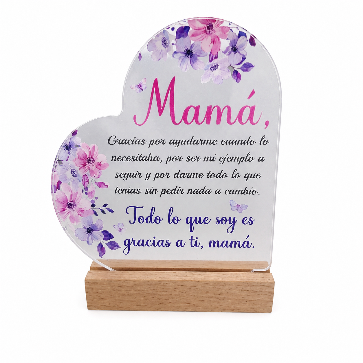 Placa Decorativa Acrílica en Forma de Corazón para Mamá con Base de Madera.