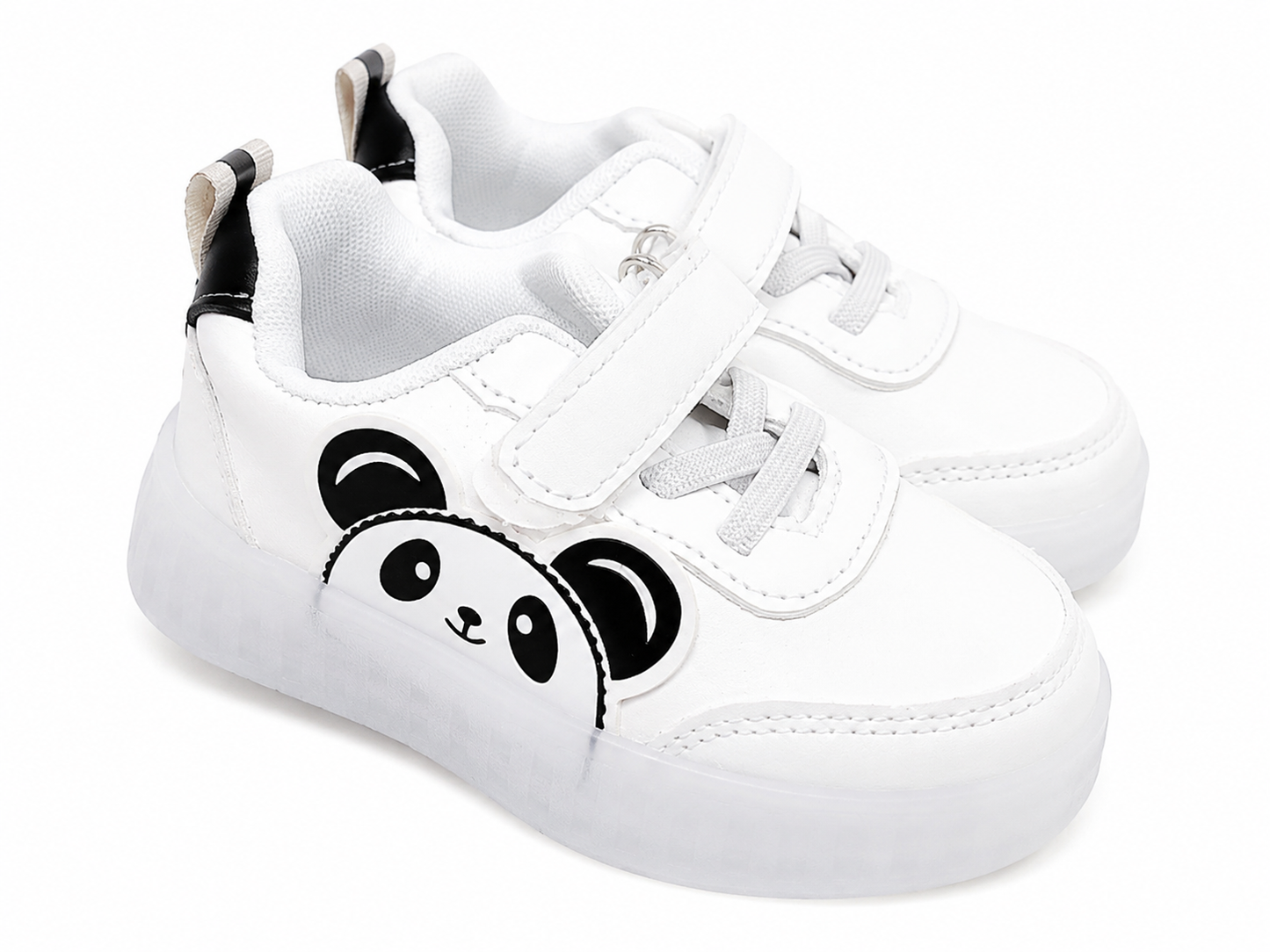 Zapatillas Deportivas Infantiles Blancas con Diseño de Panda y Cierre de Velcro, Talla 23.