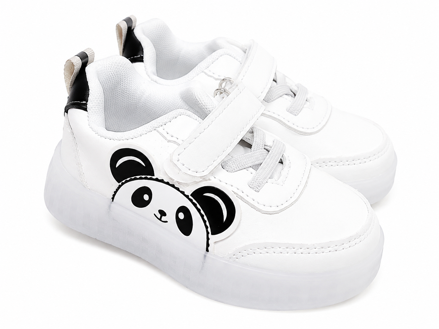 Zapatillas Deportivas Infantiles Blancas con Diseño de Panda y Cierre de Velcro, Talla 23.