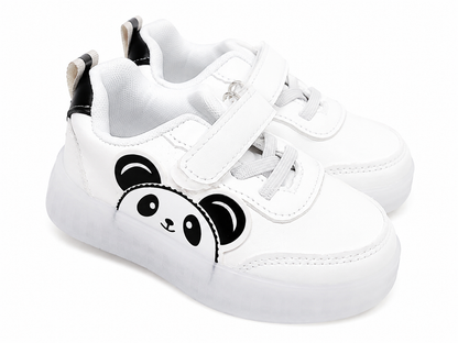 Zapatillas Deportivas Infantiles Blancas con Diseño de Panda y Cierre de Velcro, Talla 23.