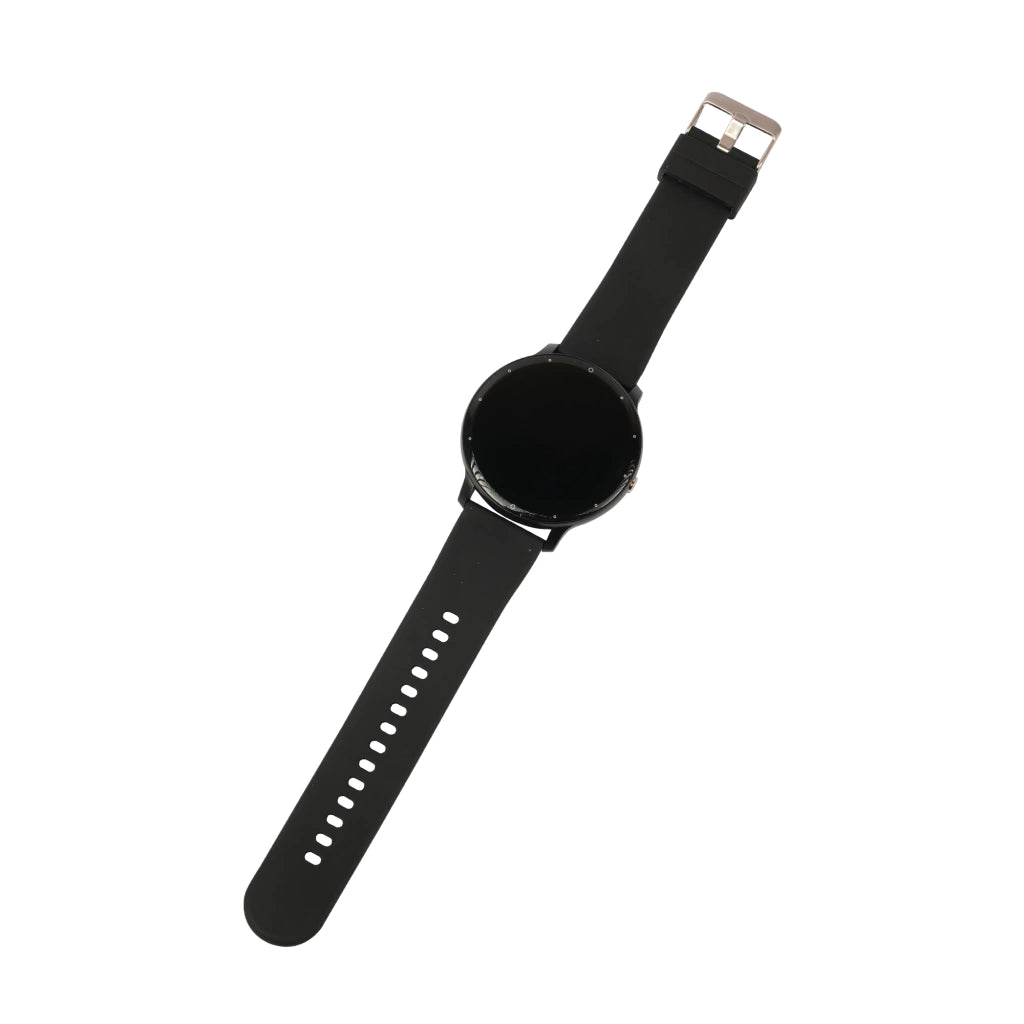 reloj inteligente es un modelo genérico estilo deportivo con correa negra.