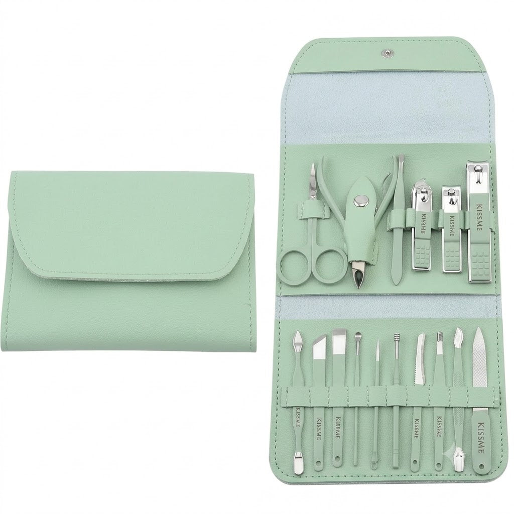 Juego de manicura de 16 piezas cuenta con herramientas de acero inoxidable de color verde menta.