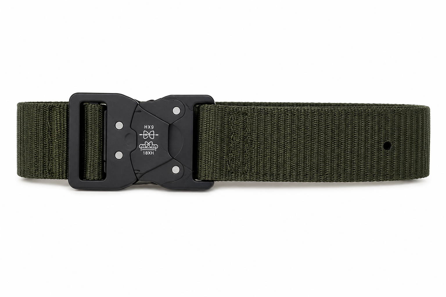Cinturón táctico ajustable de nailon con hebilla metálica de liberación rápida color verde militar.