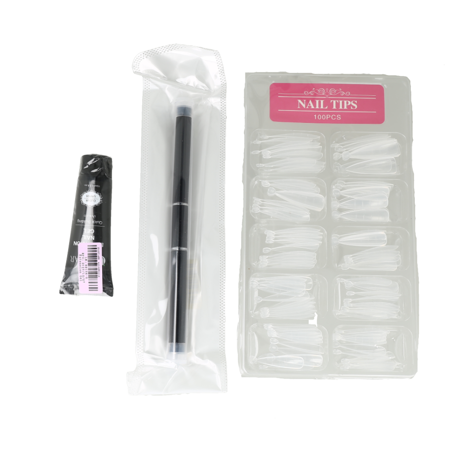 Kit para la extensión de uñas, que incluye puntas postizas y herramientas de aplicación.
