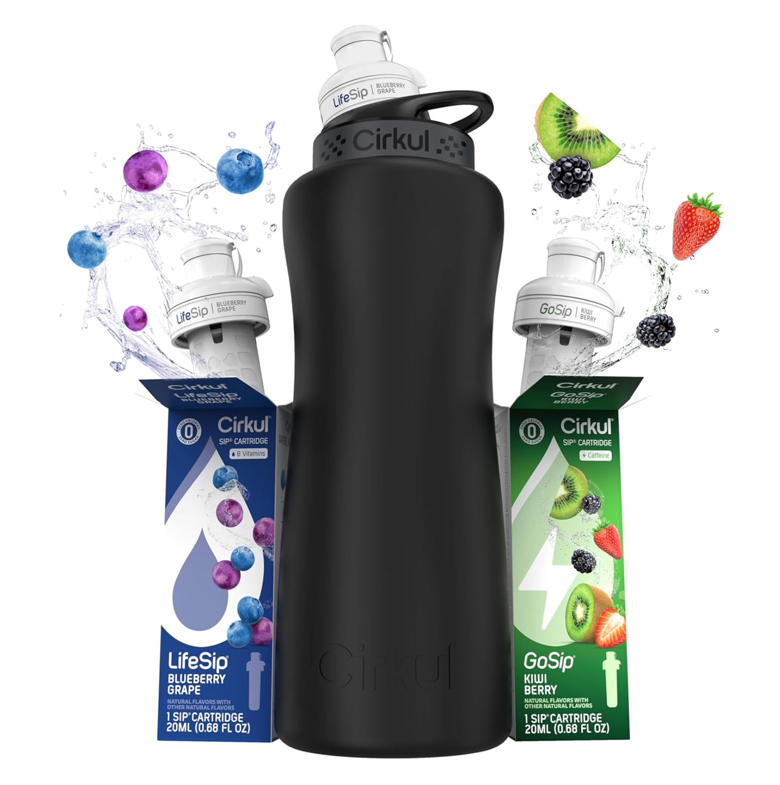 Cirkul Kit botella de agua de acero inoxidable negro mate de 32 onzas con tapa negra y 2 cartuchos de sabor (1 LifeSip Blueberry Grape, 1 GoSip Kiwi Berry)