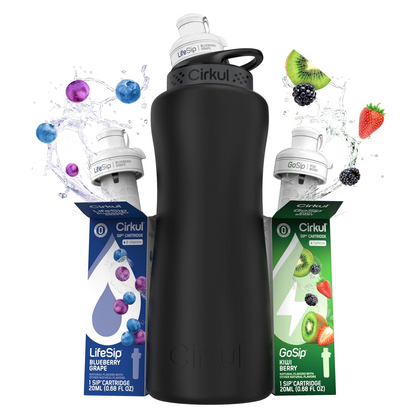 Cirkul Kit botella de agua de acero inoxidable negro mate de 32 onzas con tapa negra y 2 cartuchos de sabor (1 LifeSip Blueberry Grape, 1 GoSip Kiwi Berry)