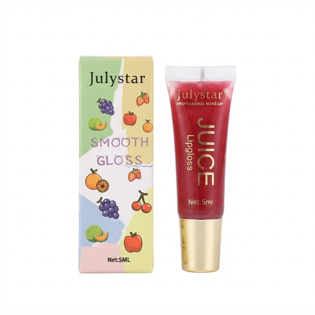 Brillo labial hidratante con un empaque ilustrado de frutas y un acabado jugoso tipo gloss.