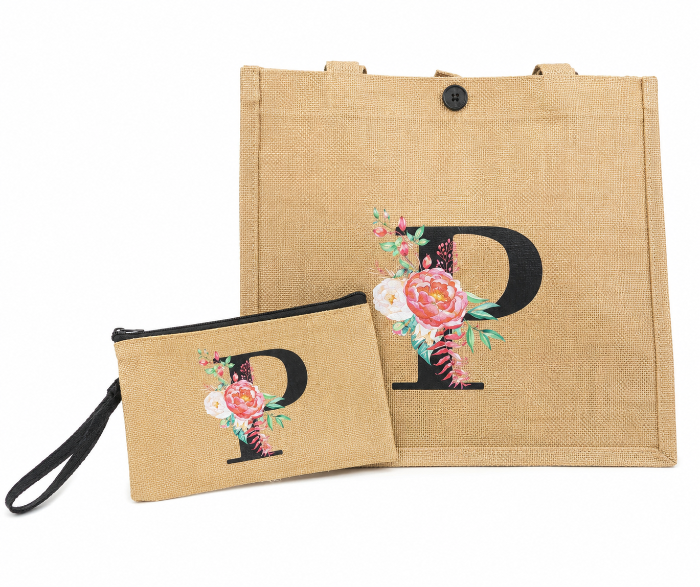 Conjunto de bolso de mano y cartera con diseño floral e inicial P en color beige.