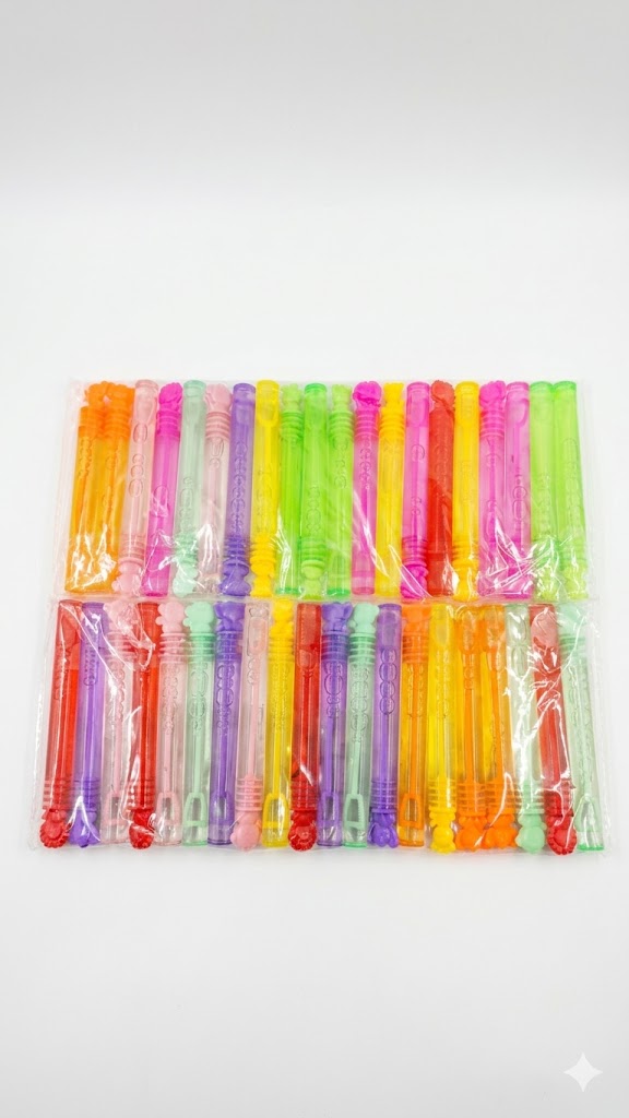 Múltiples tubos de plástico coloridos diseñados para hacer burbujas.