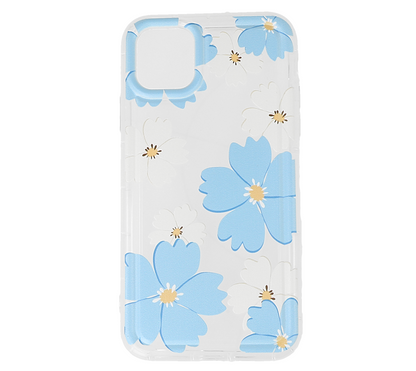 Case para iPhone 11 Pro max con estampado de flores azules y blancas.