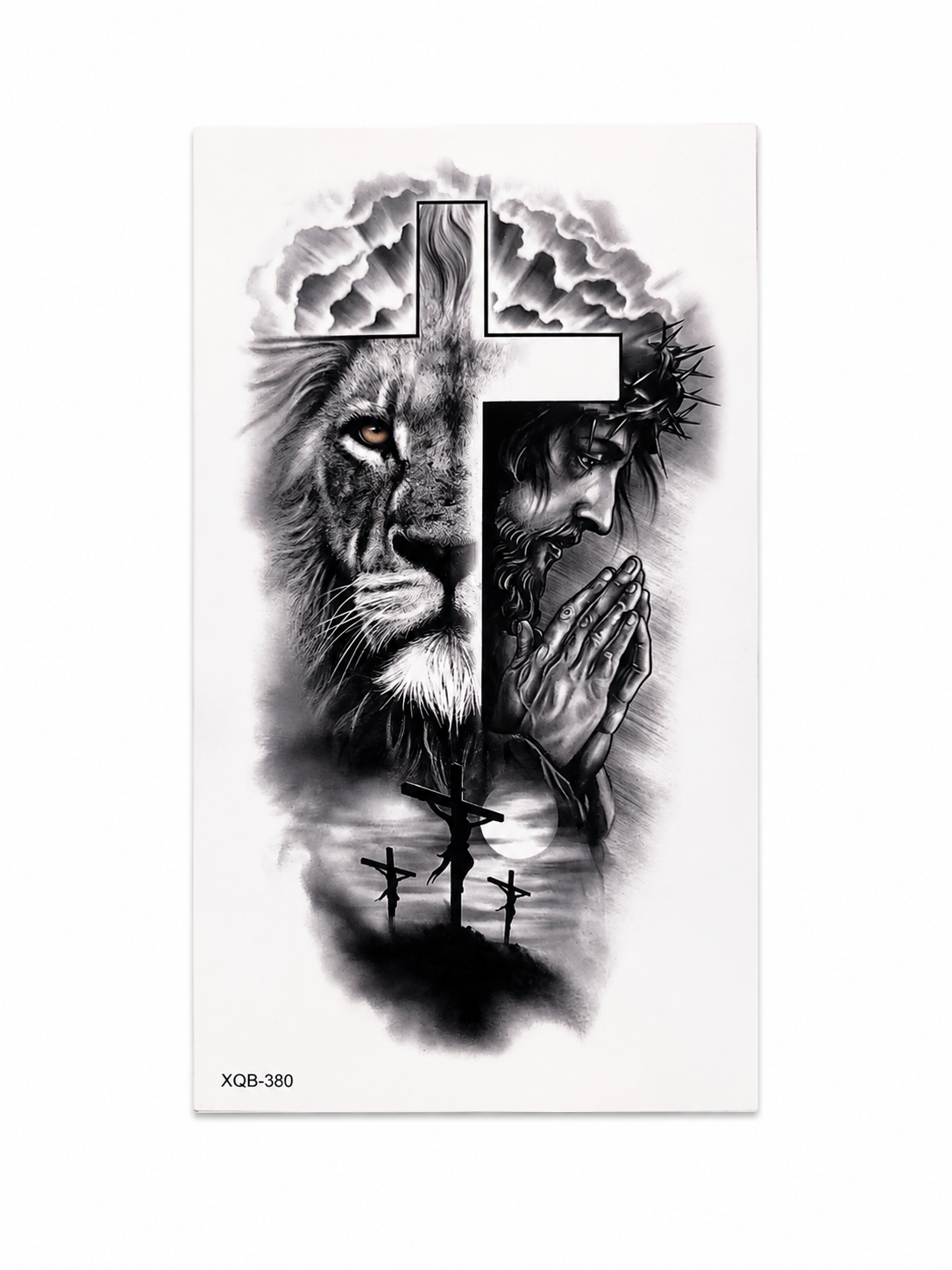 Tatuaje Temporal de León y Jesús con Cruz en Blanco y Negro.