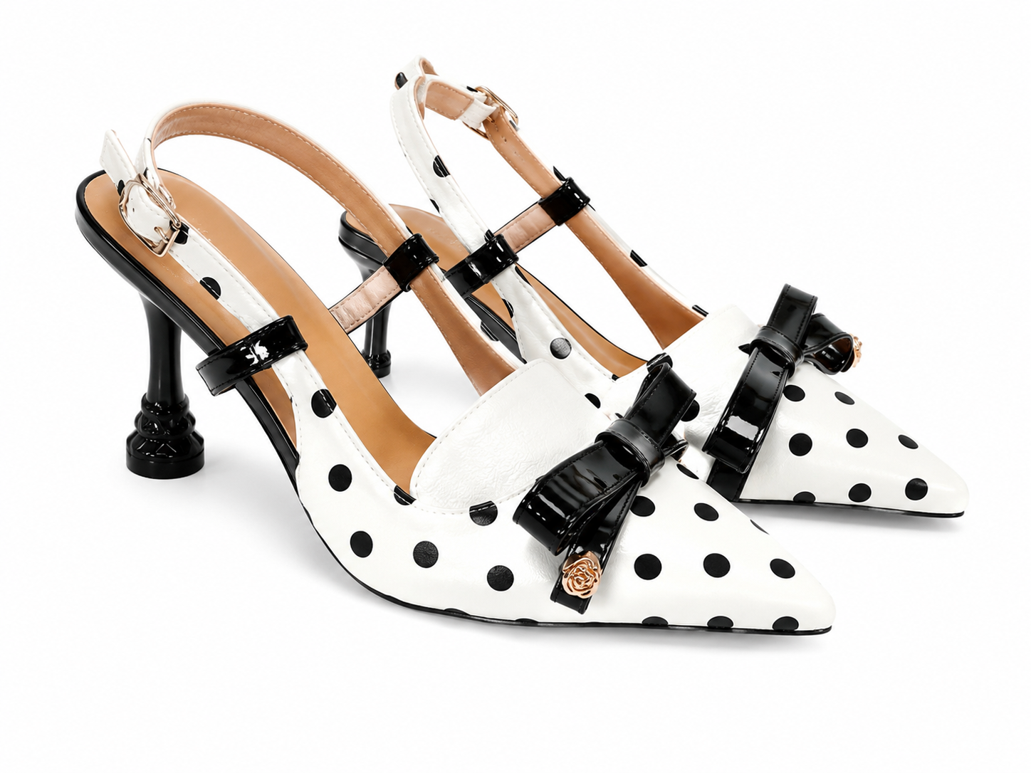 Tacones de punta con estampado de lunares blanco y negro, lazo decorativo y correa trasera para mujer, talla 36.