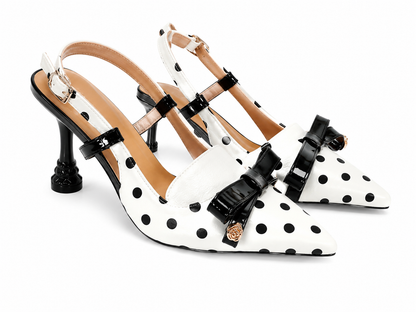 Tacones de punta con estampado de lunares blanco y negro, lazo decorativo y correa trasera para mujer, talla 36.