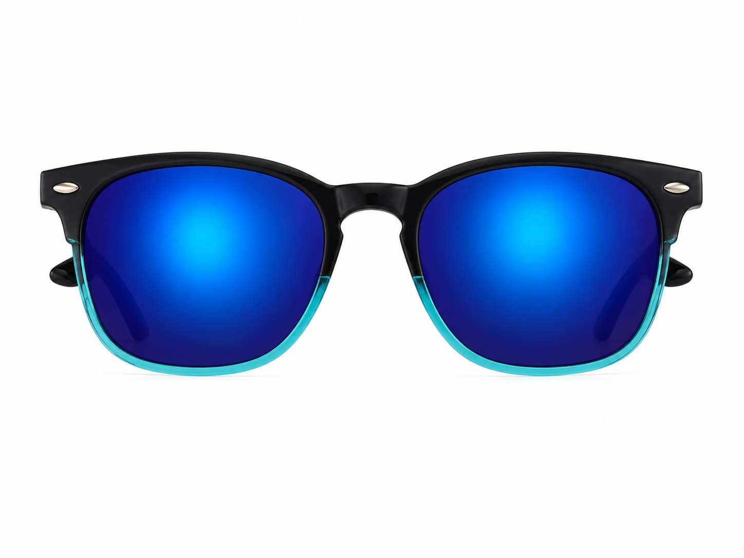 Gafas de sol unisex con montura negra y lentes espejados azul degradado.