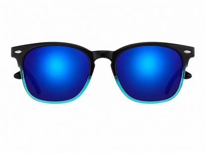 Gafas de sol unisex con montura negra y lentes espejados azul degradado.