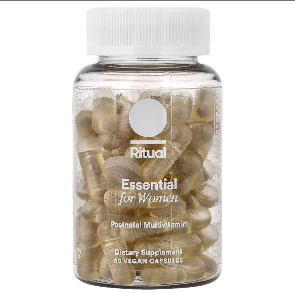 Suplemento dietético prenatal en un frasco transparente con 60 cápsulas veganas.