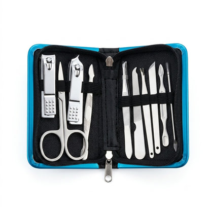 Kit de manicura y pedicura que incluye varias herramientas de acero inoxidable.