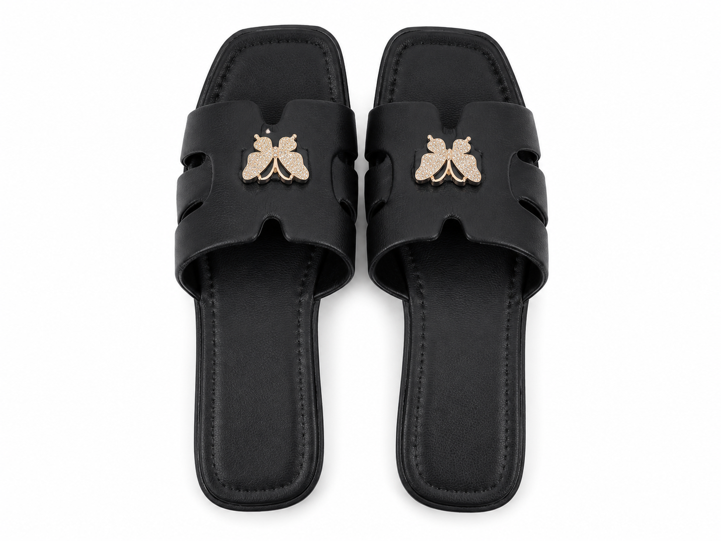 Sandalias Planas para Mujer con Adorno de Mariposa Color Negro Talla 38.