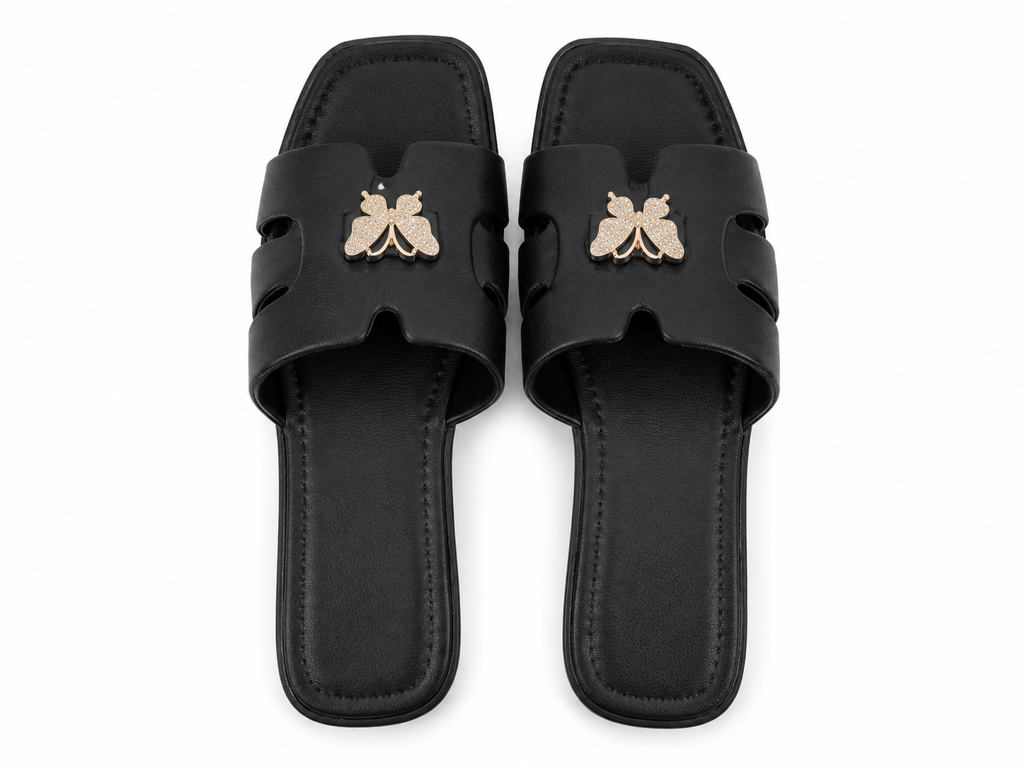 Sandalias Planas para Mujer con Adorno de Mariposa Color Negro Talla 38.