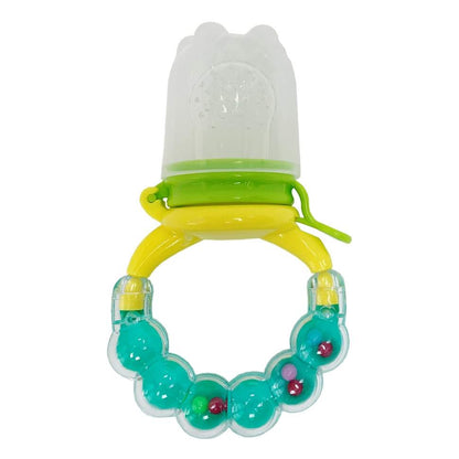 Alimentador de frutas de silicona 2 en 1 que también funciona como sonajero y mordedor para bebés.