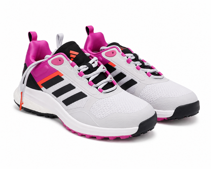 Tenis deportivos de malla blancos con detalles negros y rosados, talla 7.5.