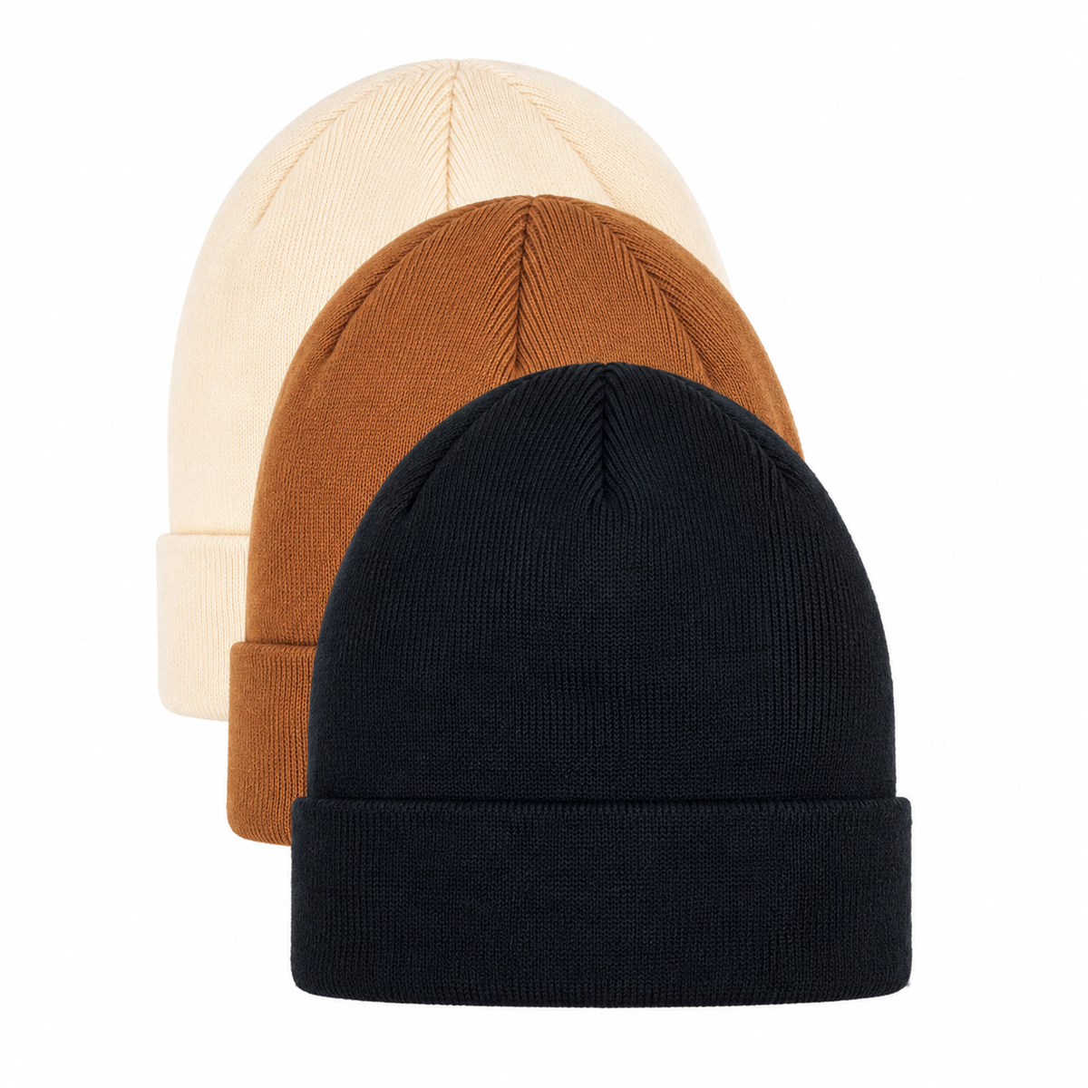 Pack de 3 gorros tejidos con puño en negro, marrón y beige.